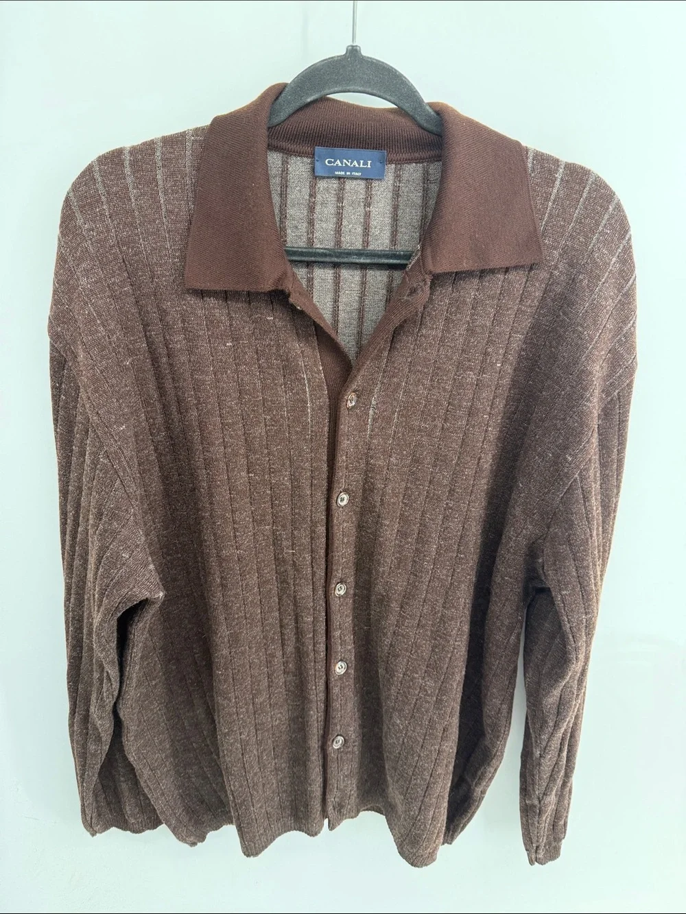 Canali Made In Italy 100% merino wool ribbed button up collared sweater top
